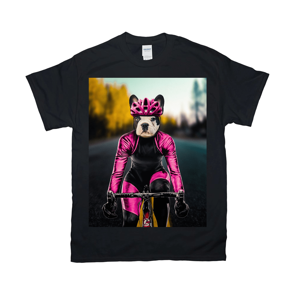 Black Gildan t-shirt with a personalized design of a French bulldog in pink cycling gear on a bike.
