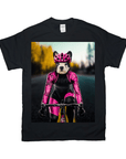 Black Gildan t-shirt with a personalized design of a French bulldog in pink cycling gear on a bike.