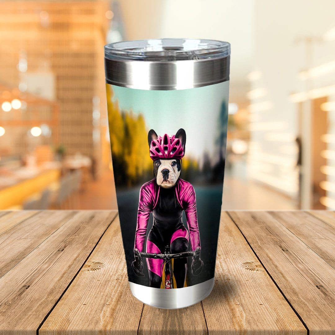 Personalized stainless steel tumbler with a custom portrait of a Boston Terrier dog in a pink cycling outfit.