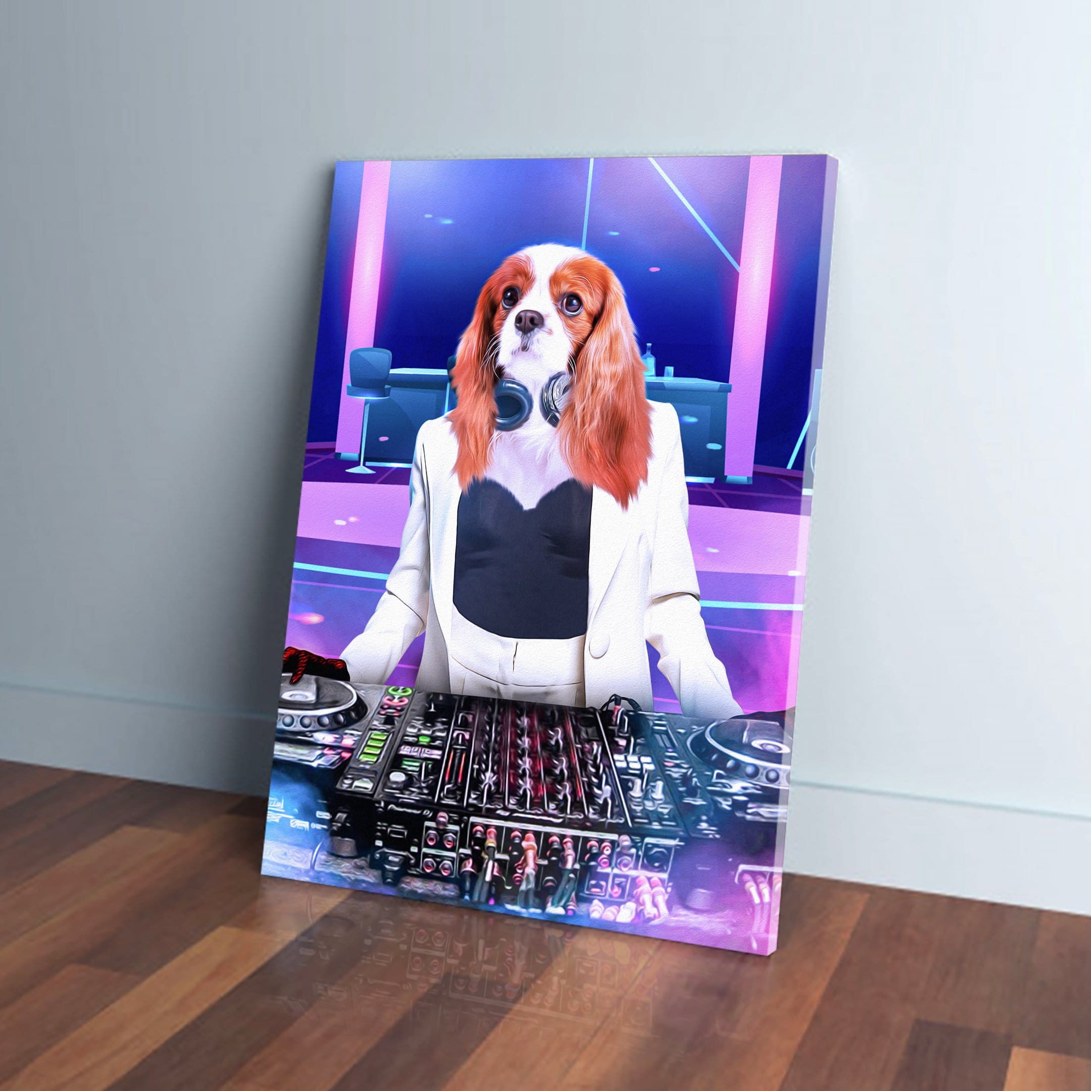 Personalized pet canvas featuring a Cavalier King Charles Spaniel as a female DJ in a white suit.