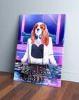 Personalized pet canvas featuring a Cavalier King Charles Spaniel as a female DJ in a white suit.