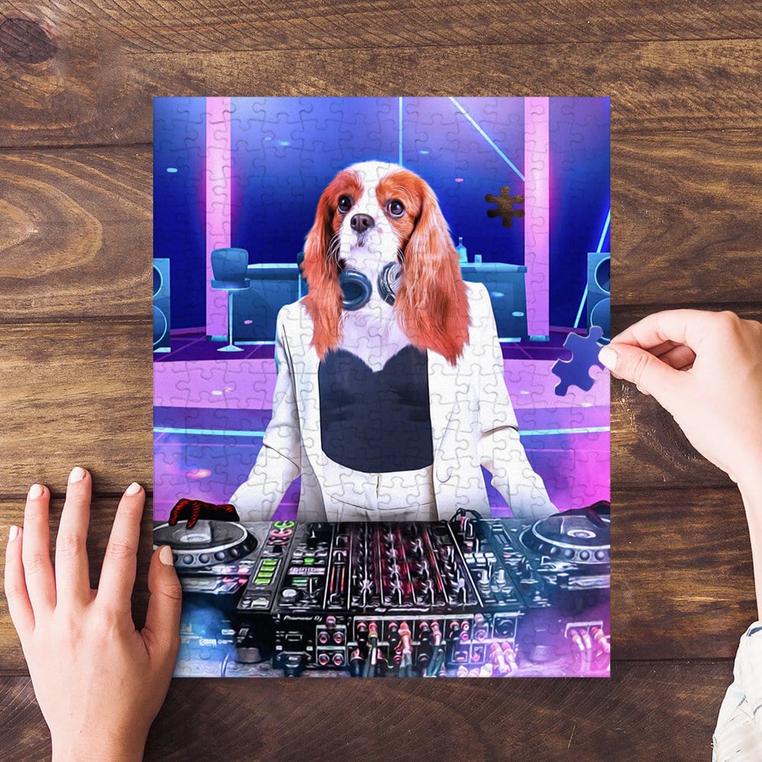 Custom pet puzzle featuring a Cavalier King Charles Spaniel as a female DJ in a vibrant club setting.