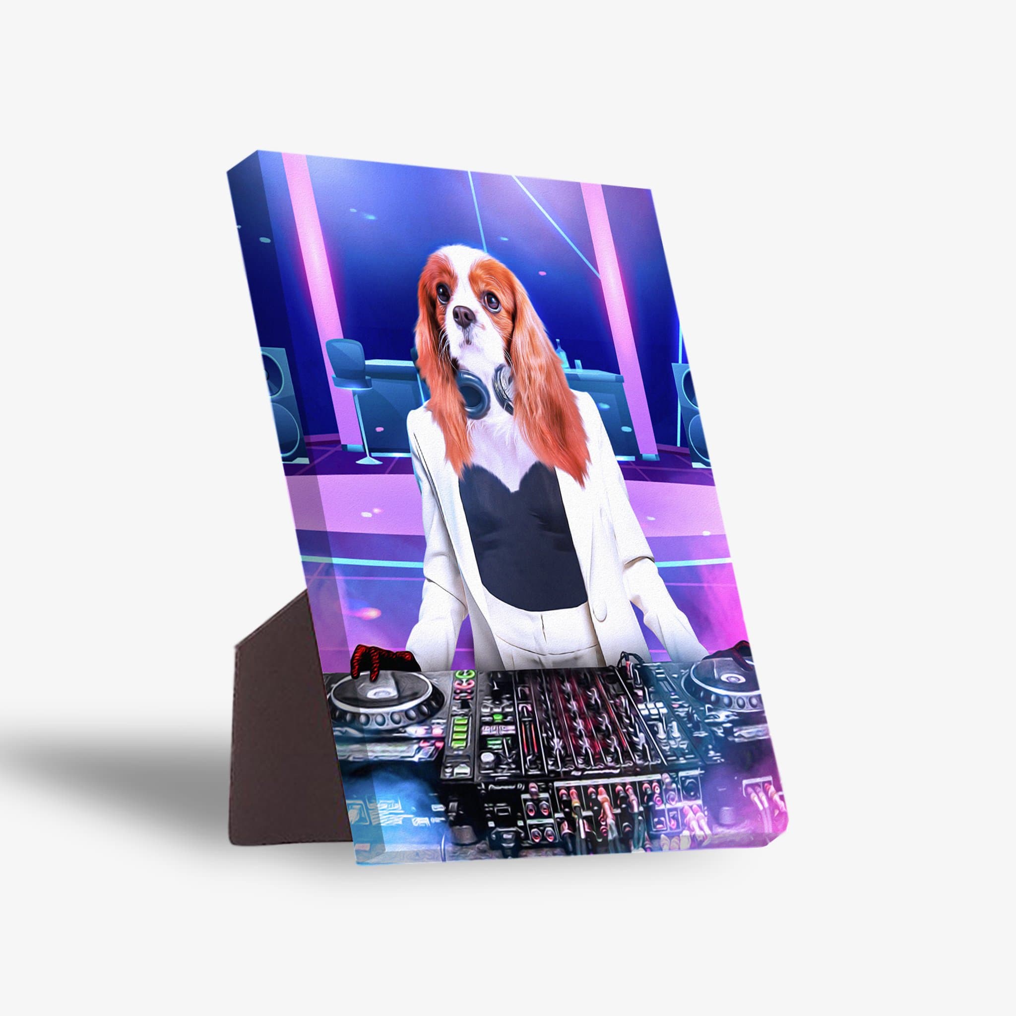 Personalized pet standing canvas featuring a Cavalier King Charles Spaniel as a female DJ in a white suit.