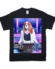 Black Gildan unisex t-shirt featuring a personalized Cavalier King Charles Spaniel DJ in a white suit.