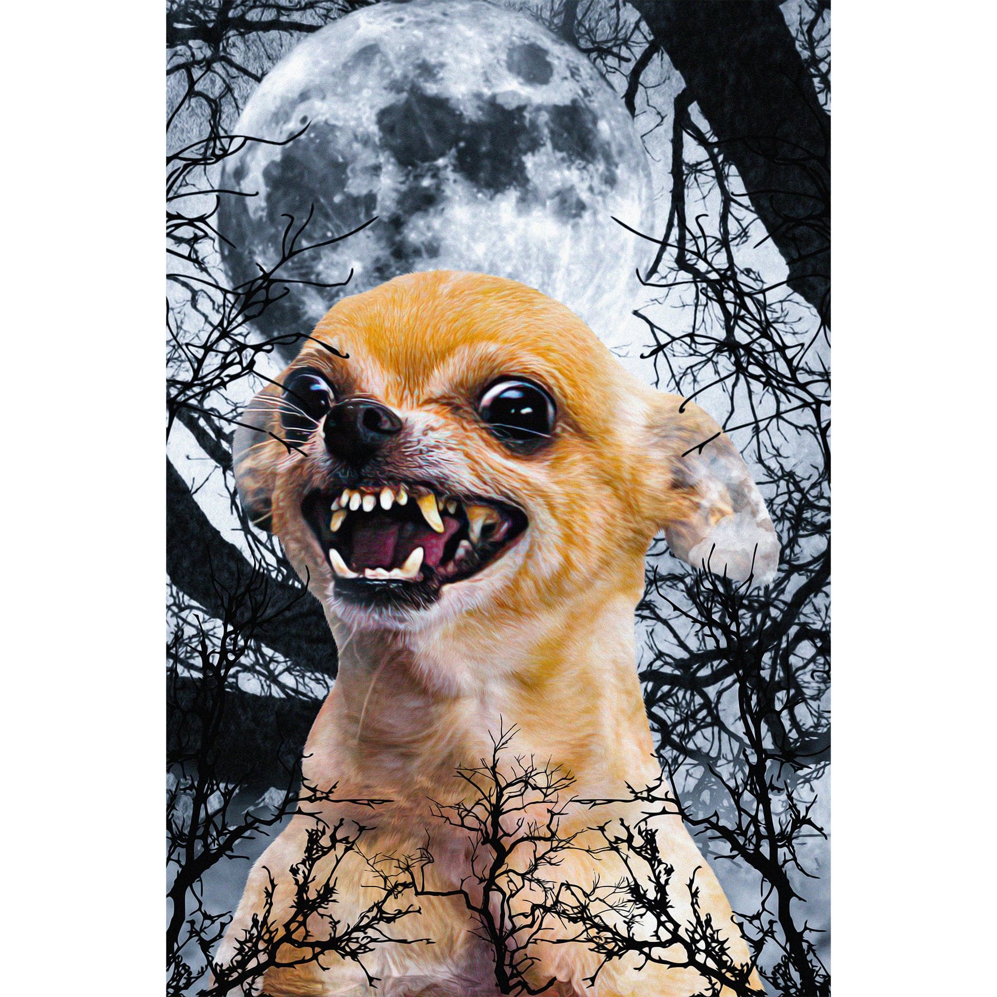 Personalized digital portrait of a snarling chihuahua as a fierce wolf under a full moon.