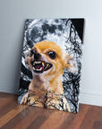 Personalized 'Fierce Wolf' canvas featuring a snarling chihuahua against a full moon and bare trees.