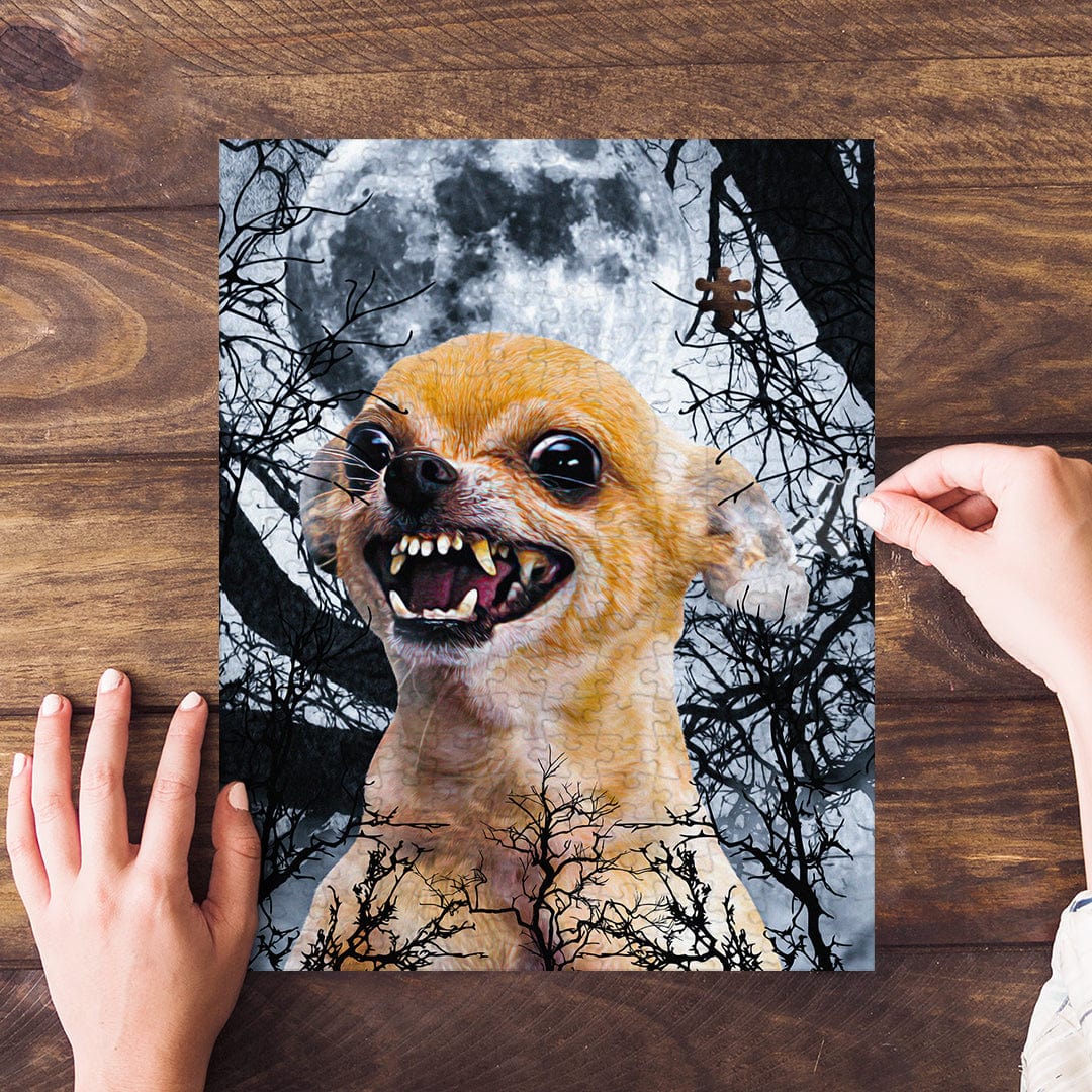 Personalized 'Fierce Wolf' pet puzzle featuring a chihuahua with fangs against a spooky moonlit background.