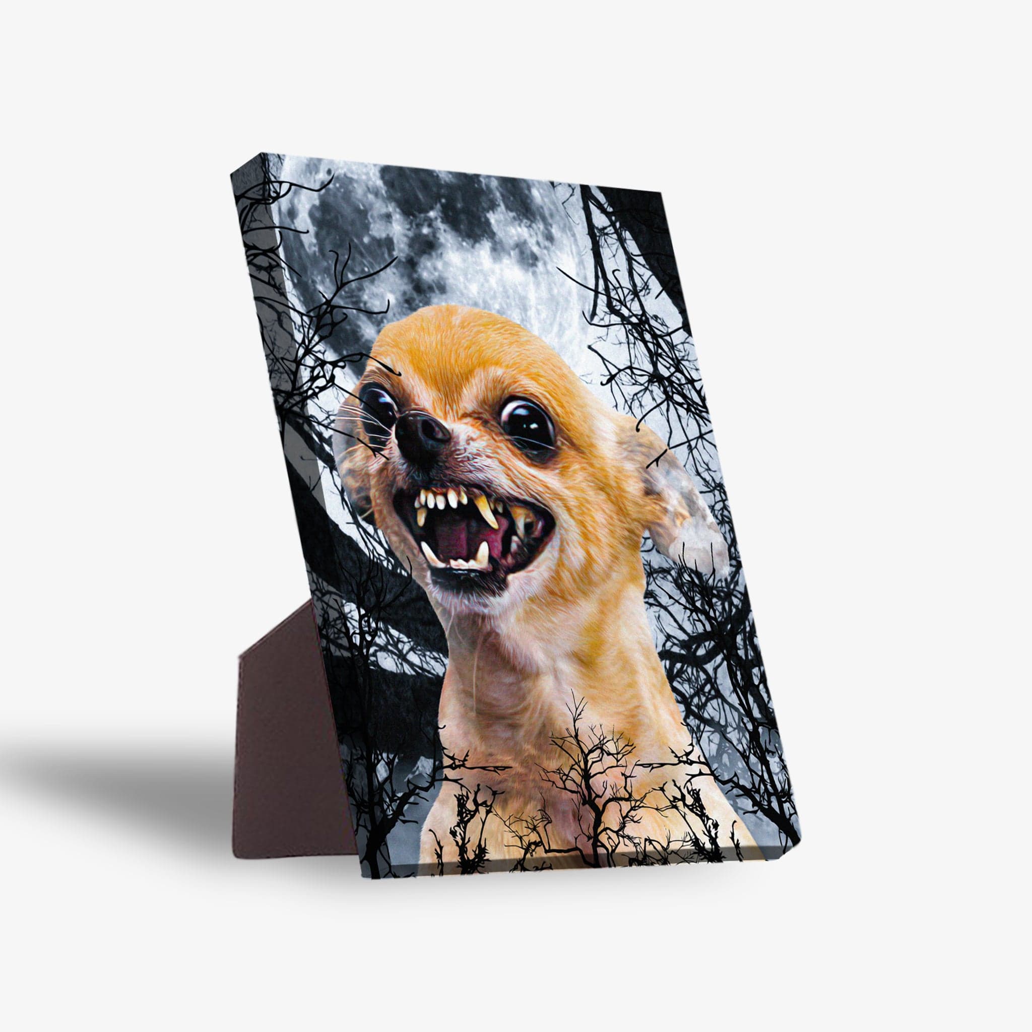 Personalized pet standing canvas featuring a fierce chihuahua against a full moon and bare trees.