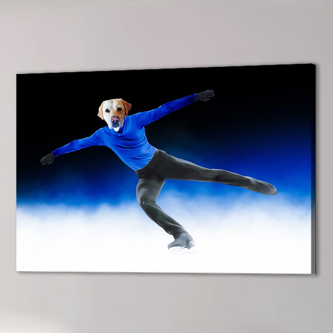 Personalized pet canvas featuring a dog's head on a figure skater in a blue outfit.