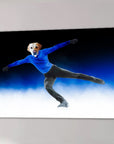 Personalized pet canvas featuring a dog's head on a figure skater in a blue outfit.