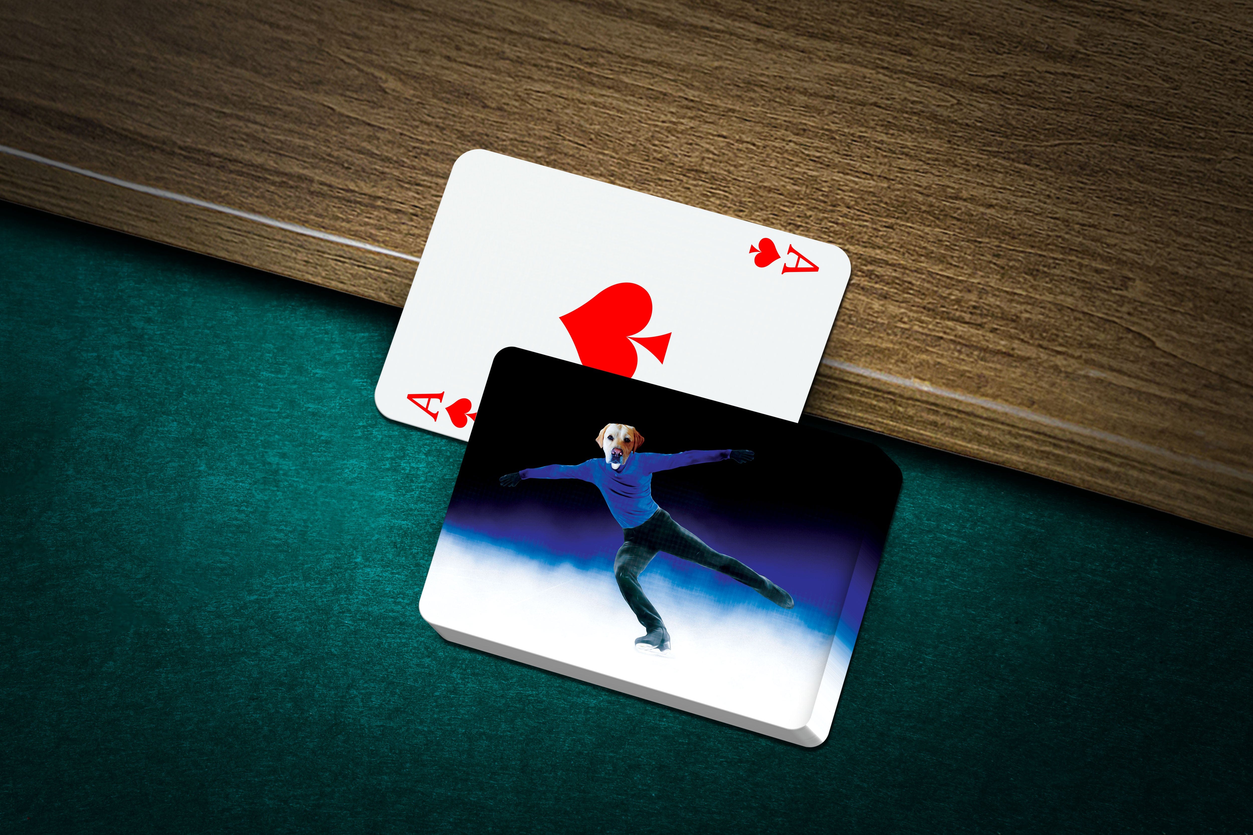 Personalized pet playing cards featuring a dog's head on a figure skater's body, with an Ace of Spades card.