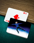 Personalized pet playing cards featuring a dog's head on a figure skater's body, with an Ace of Spades card.