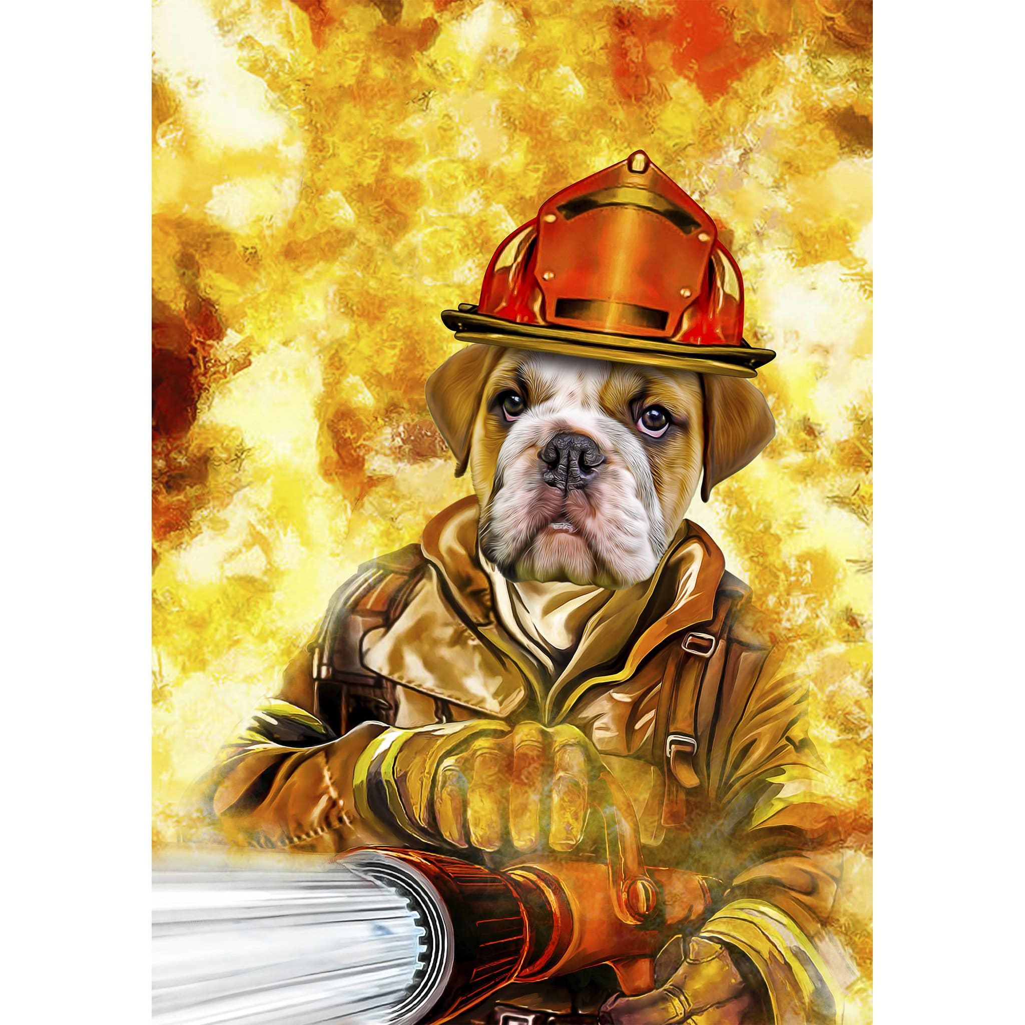 Personalized digital portrait of a bulldog as a firefighter in a helmet, holding a hose, against a fiery background.