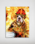 Personalized bulldog firefighter poster with red helmet, brown uniform, and fire hose against a fiery background.