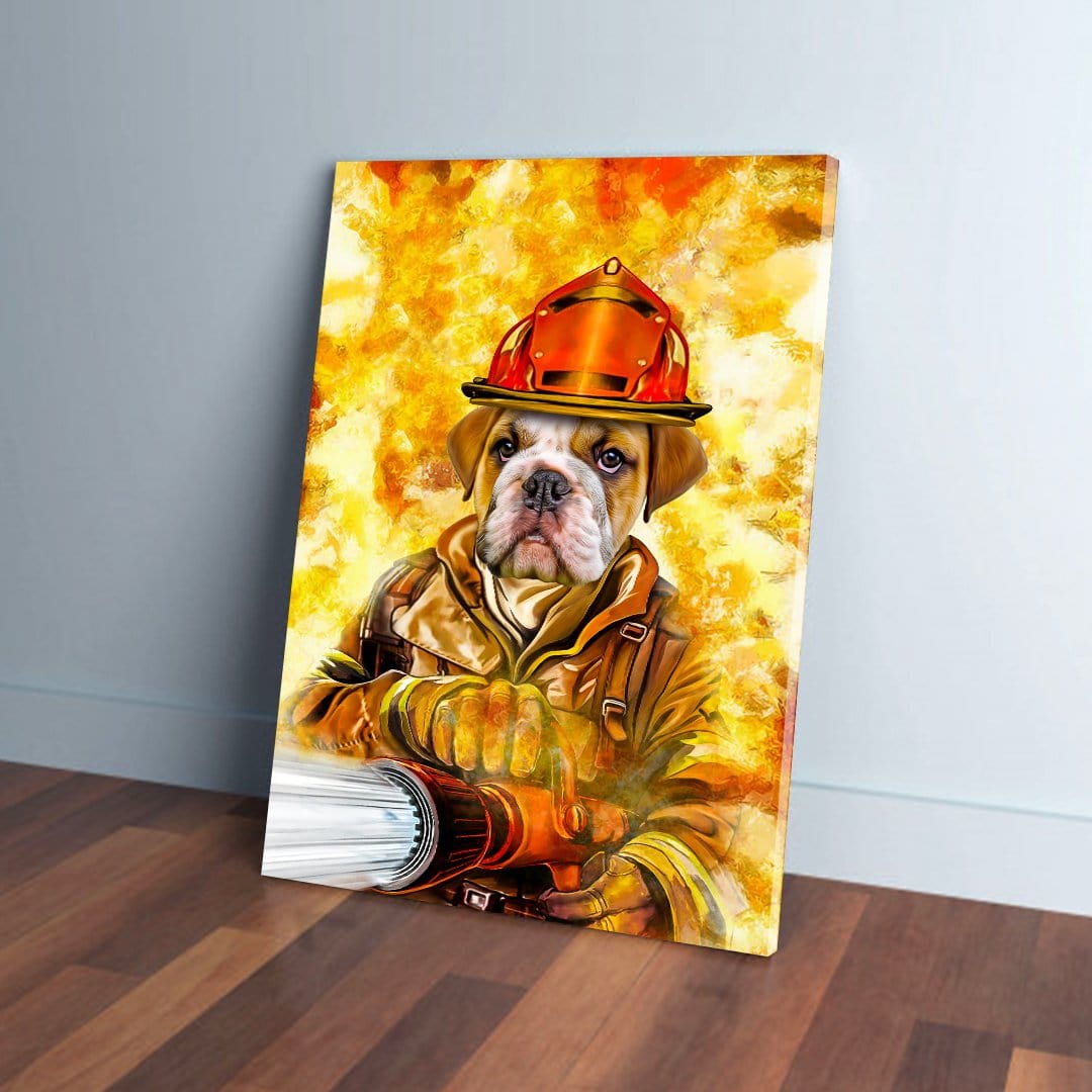 Personalized pet canvas featuring a bulldog in a firefighter's uniform and helmet against a fiery background.