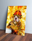 Personalized pet canvas featuring a bulldog in a firefighter's uniform and helmet against a fiery background.