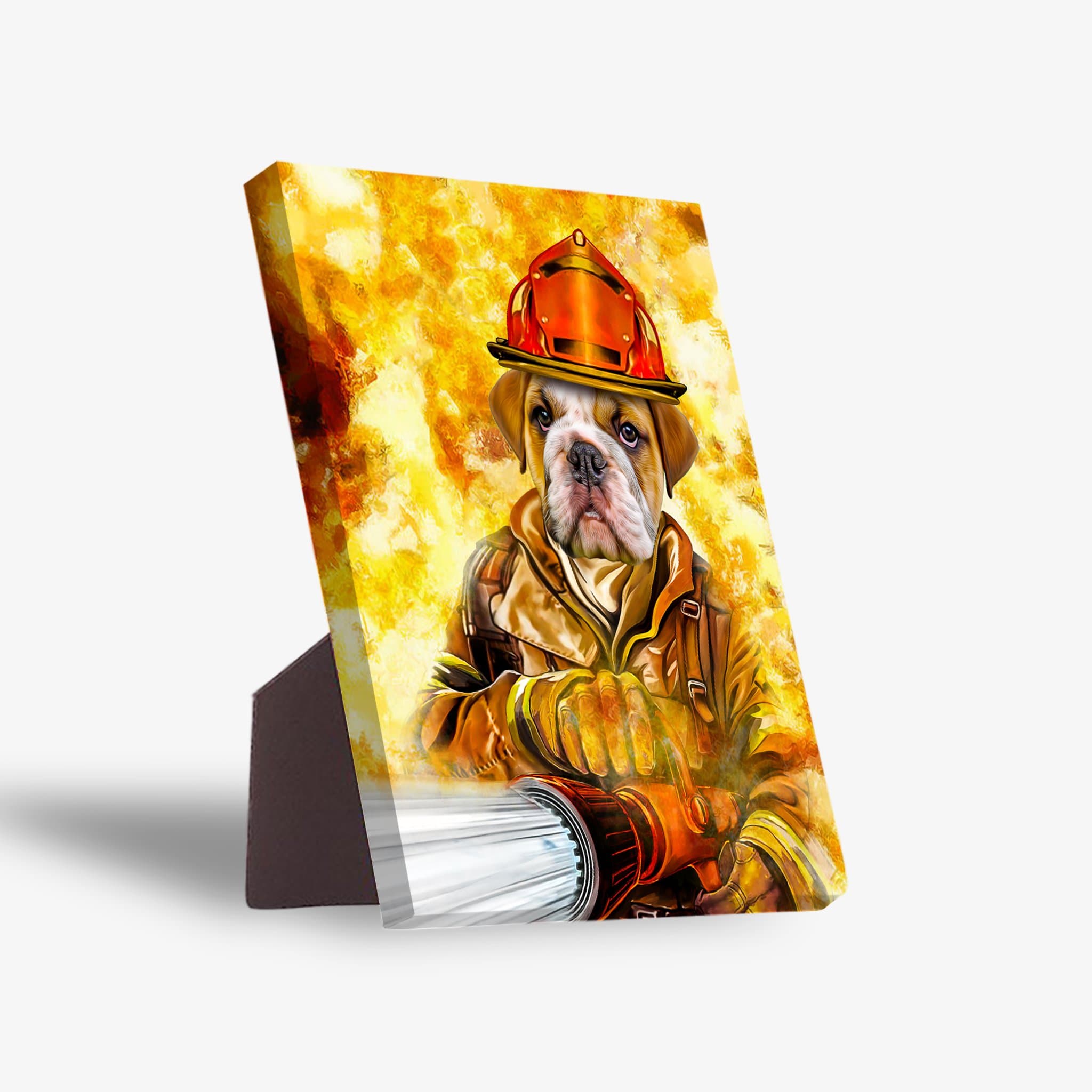 Personalized pet bulldog firefighter canvas with a vibrant orange and yellow fire background, standing on a dark brown easel.