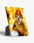 Personalized pet bulldog firefighter canvas with a vibrant orange and yellow fire background, standing on a dark brown easel.