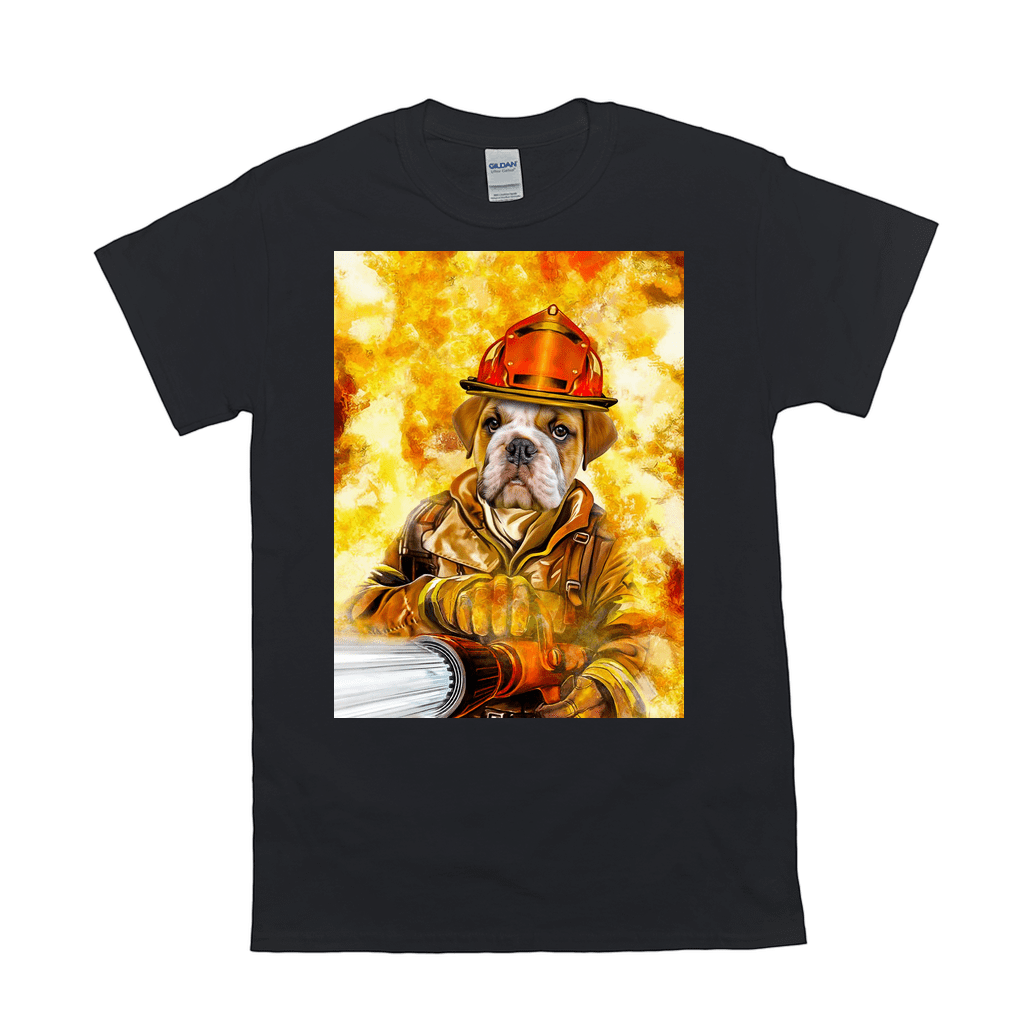 Black Gildan unisex t-shirt with a bulldog in firefighter gear holding a hose, against a fiery background.