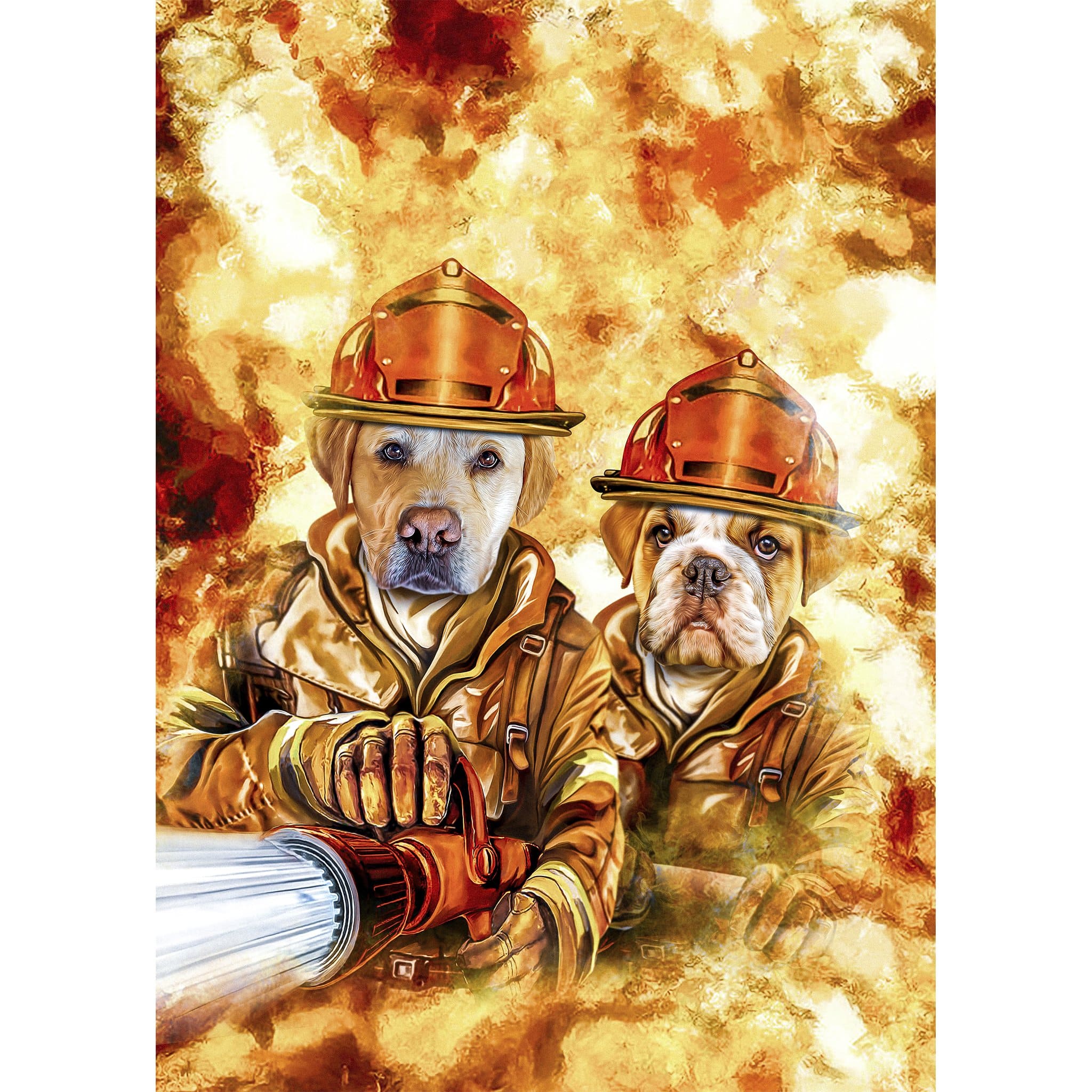 Custom digital portrait of two pets, a labrador and bulldog, as firefighters in a fiery scene.