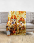 Personalized custom blanket with two pet portraits as firefighters, featuring a golden retriever and bulldog.
