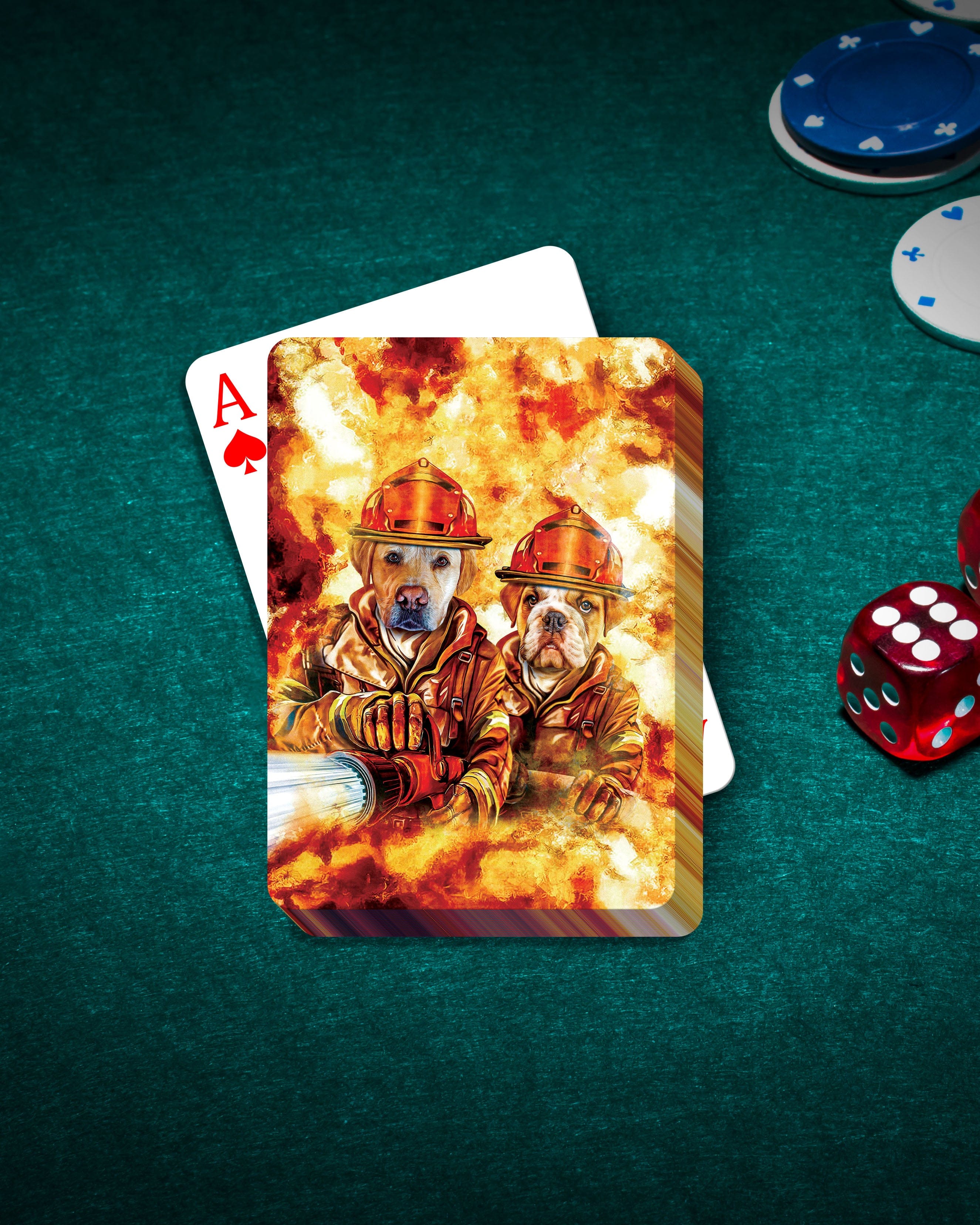 Custom personalized playing cards featuring two dogs as firefighters in a fiery portrait.