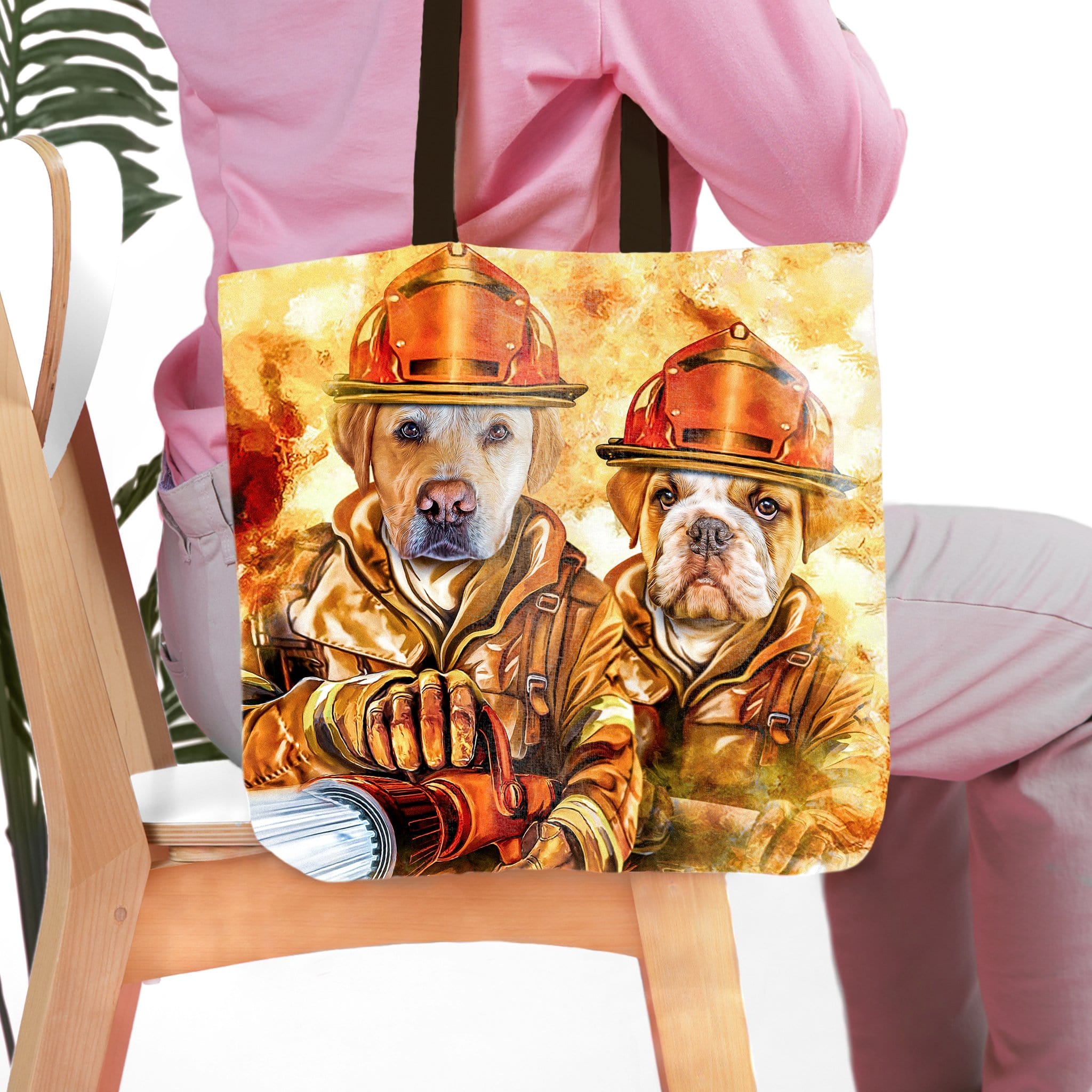 Personalized tote bag with two pet dog portraits as firefighters in a watercolor style.
