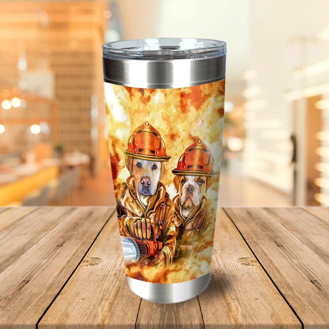 Personalized stainless steel tumbler with two pet dogs in firefighter uniforms against a fiery background.