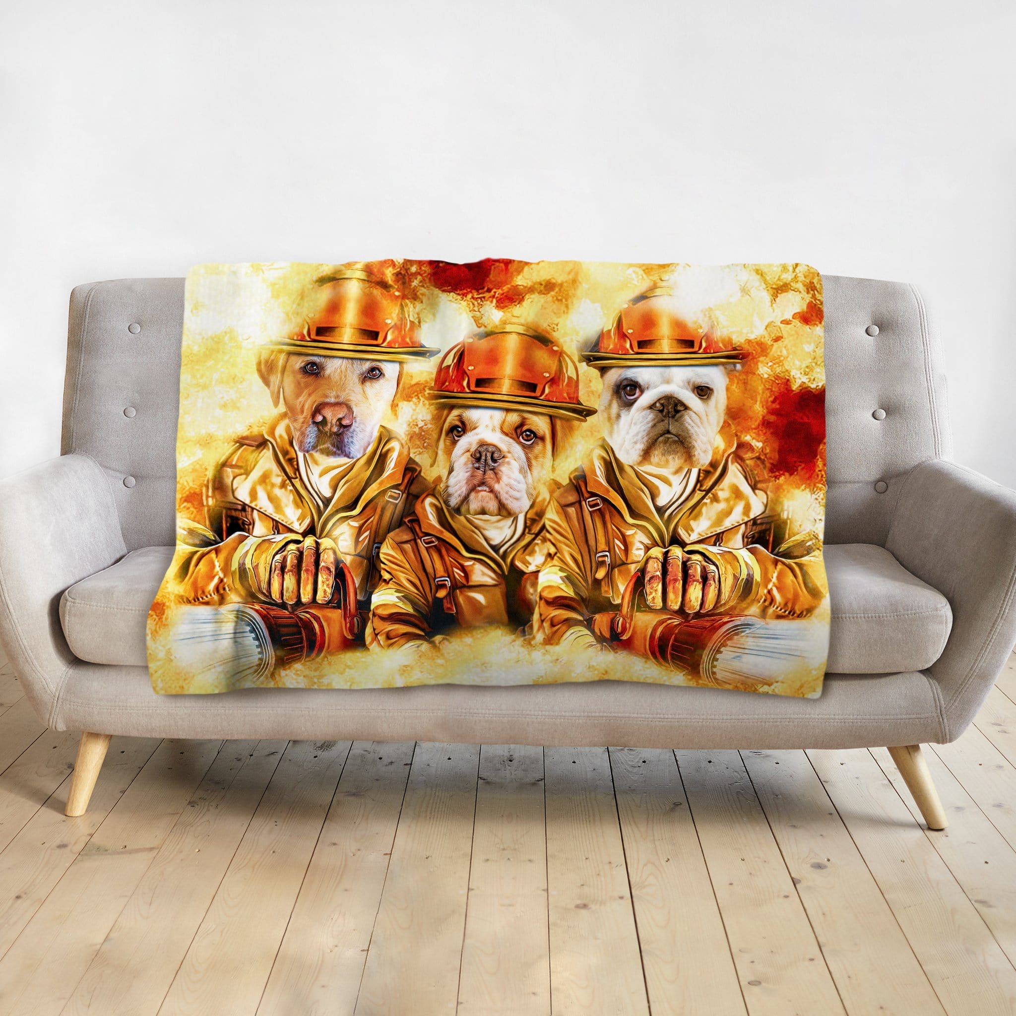 Personalized 3 pet firefighter portrait blanket with golden retriever, bulldog, and French bulldog.