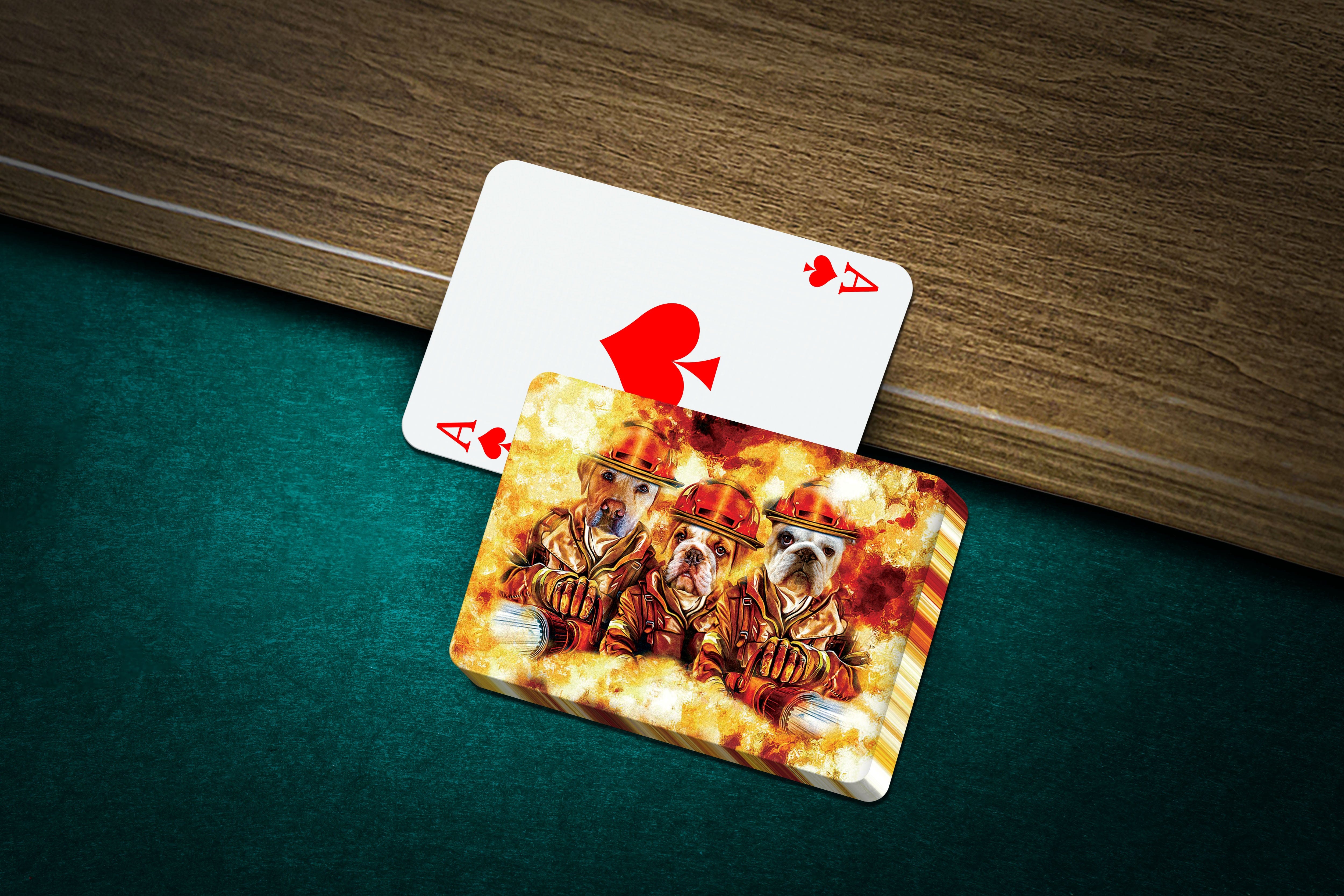 Personalized playing cards featuring three pets as firefighters in a fiery, artistic style.