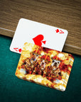 Personalized playing cards featuring three pets as firefighters in a fiery, artistic style.