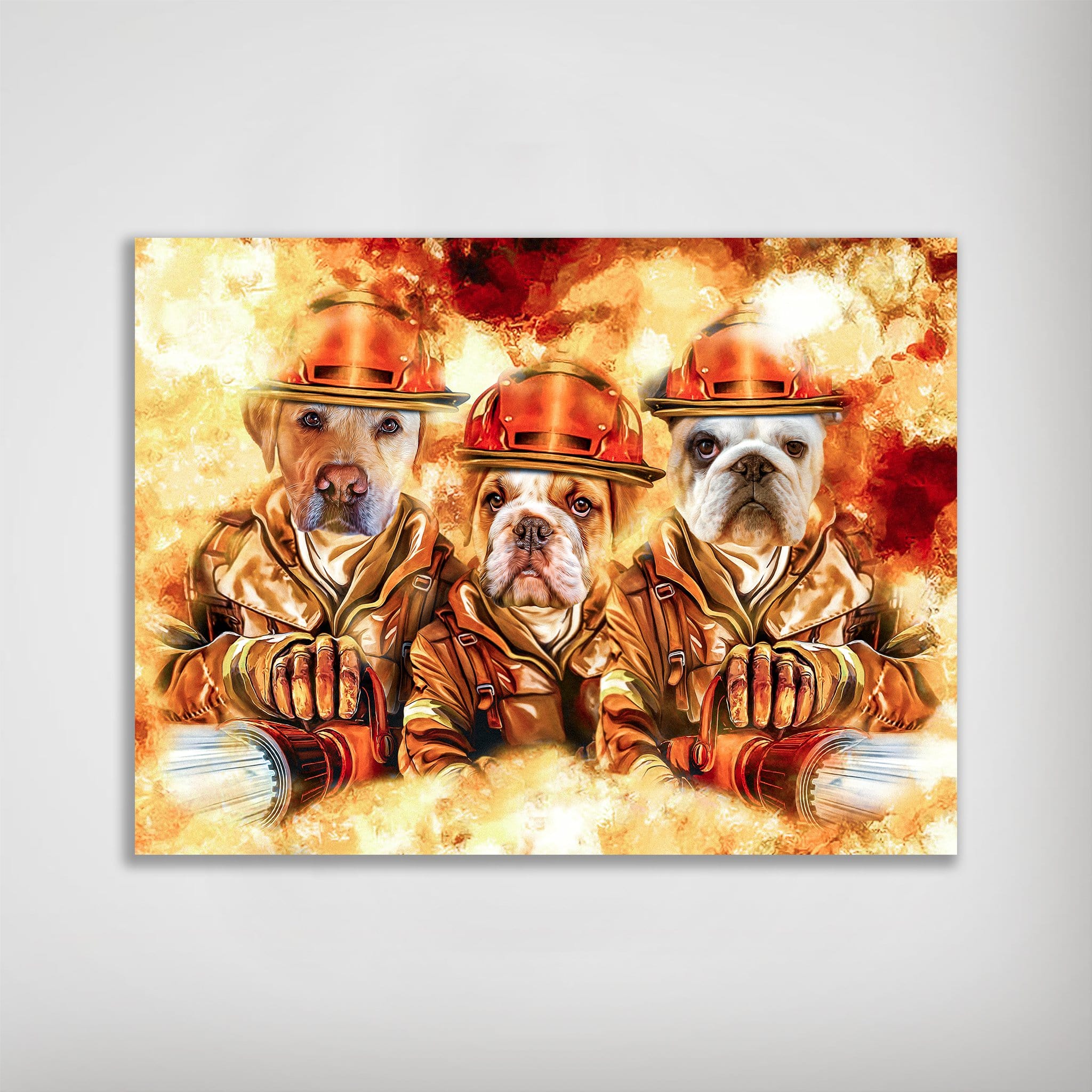 Personalized matte poster featuring three pets as firefighters in orange gear against a fiery background.