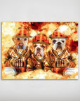 Personalized matte poster featuring three pets as firefighters in orange gear against a fiery background.