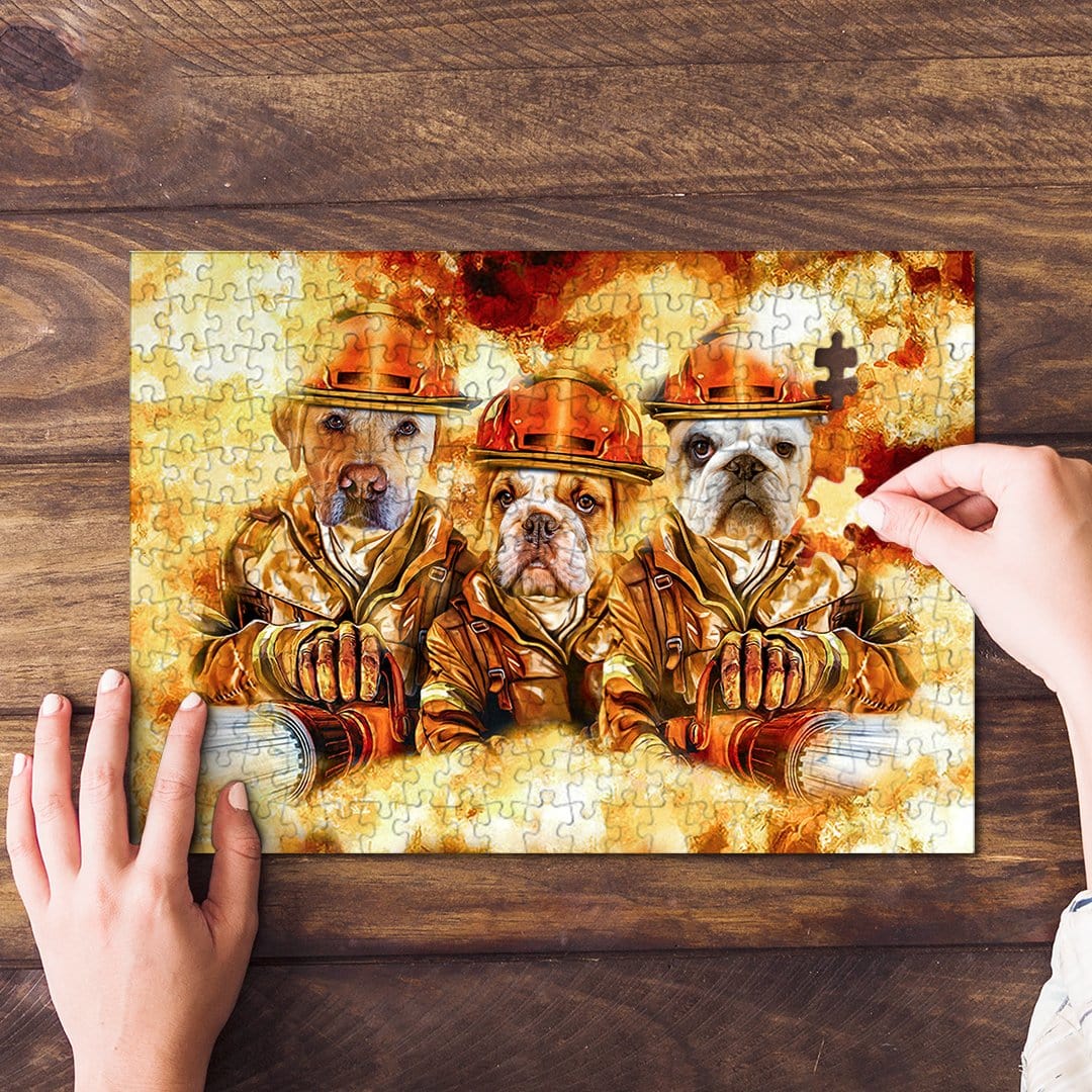 Personalized 3 pet puzzle with dogs in firefighter uniforms, custom portrait art style.