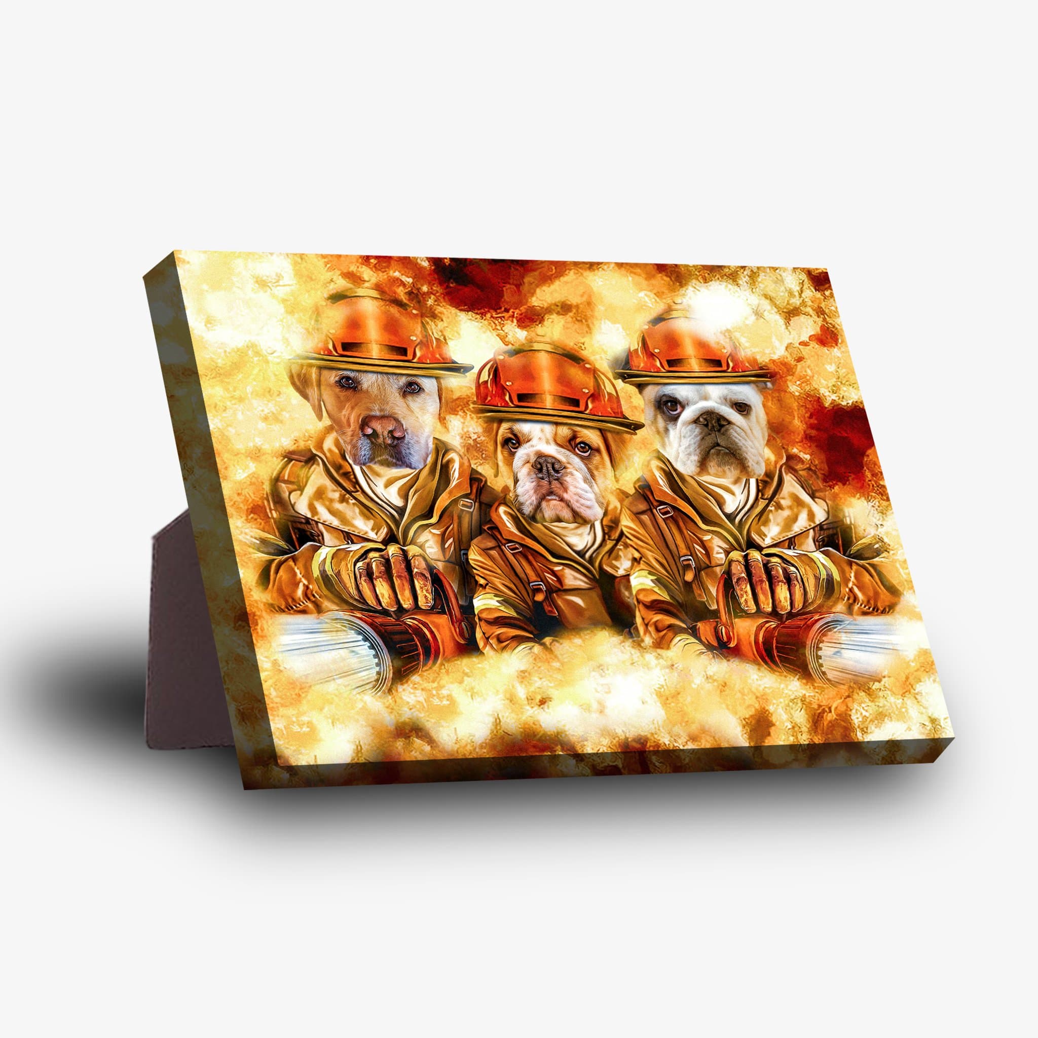 Personalized 3 pet standing canvas featuring dogs as firefighters in orange helmets and suits, against a fiery background.