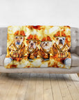 Personalized minky blanket with four dogs as firefighters in a watercolor portrait style on a light gray couch.