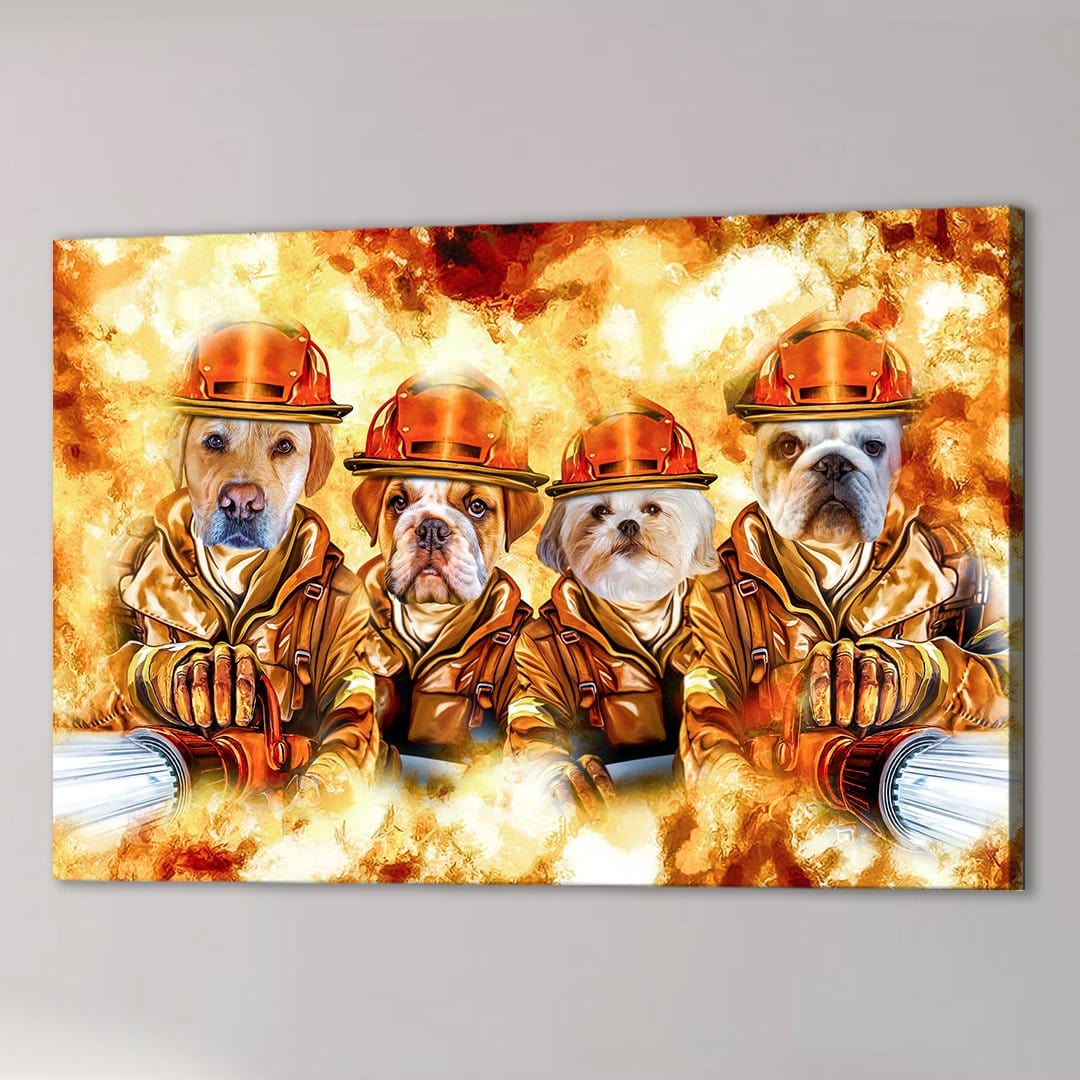 Four personalized pet portraits on canvas, depicting dogs as firefighters in orange gear against a fiery background.