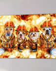 Four personalized pet portraits on canvas, depicting dogs as firefighters in orange gear against a fiery background.