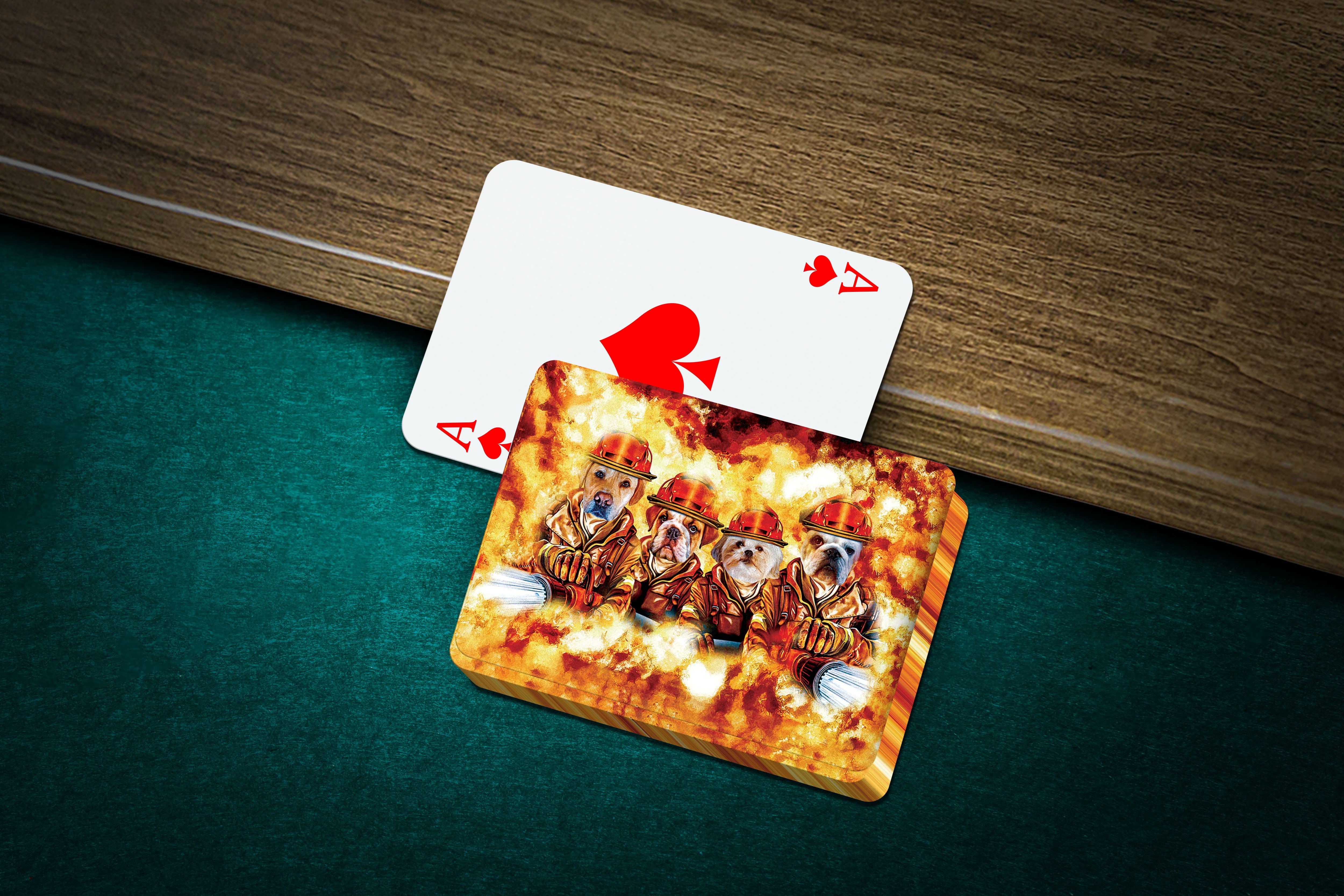 Personalized playing cards featuring four pets as firefighters, with an Ace of Hearts card.
