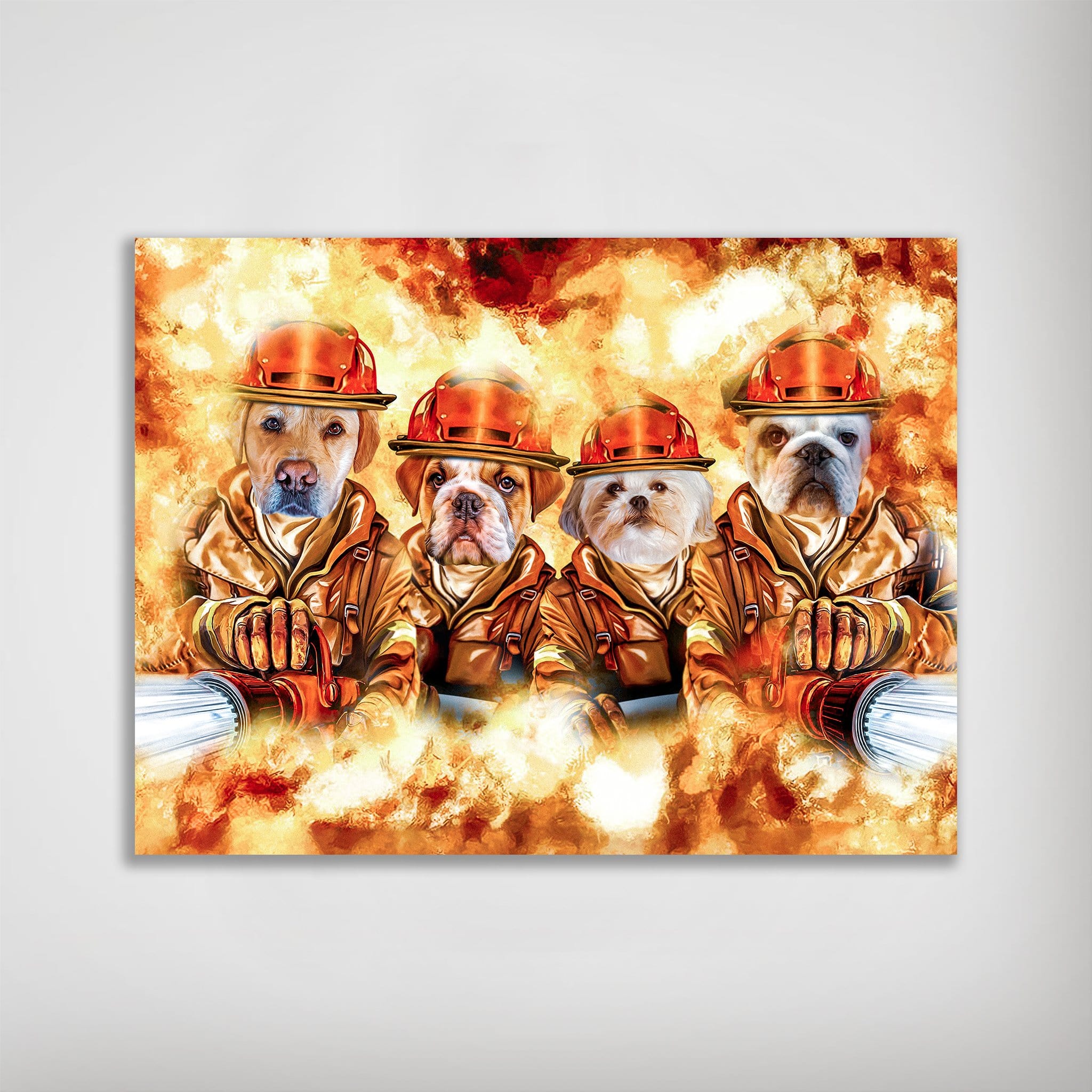 Personalized matte poster featuring four pets as firefighters in orange gear amidst a fiery background.