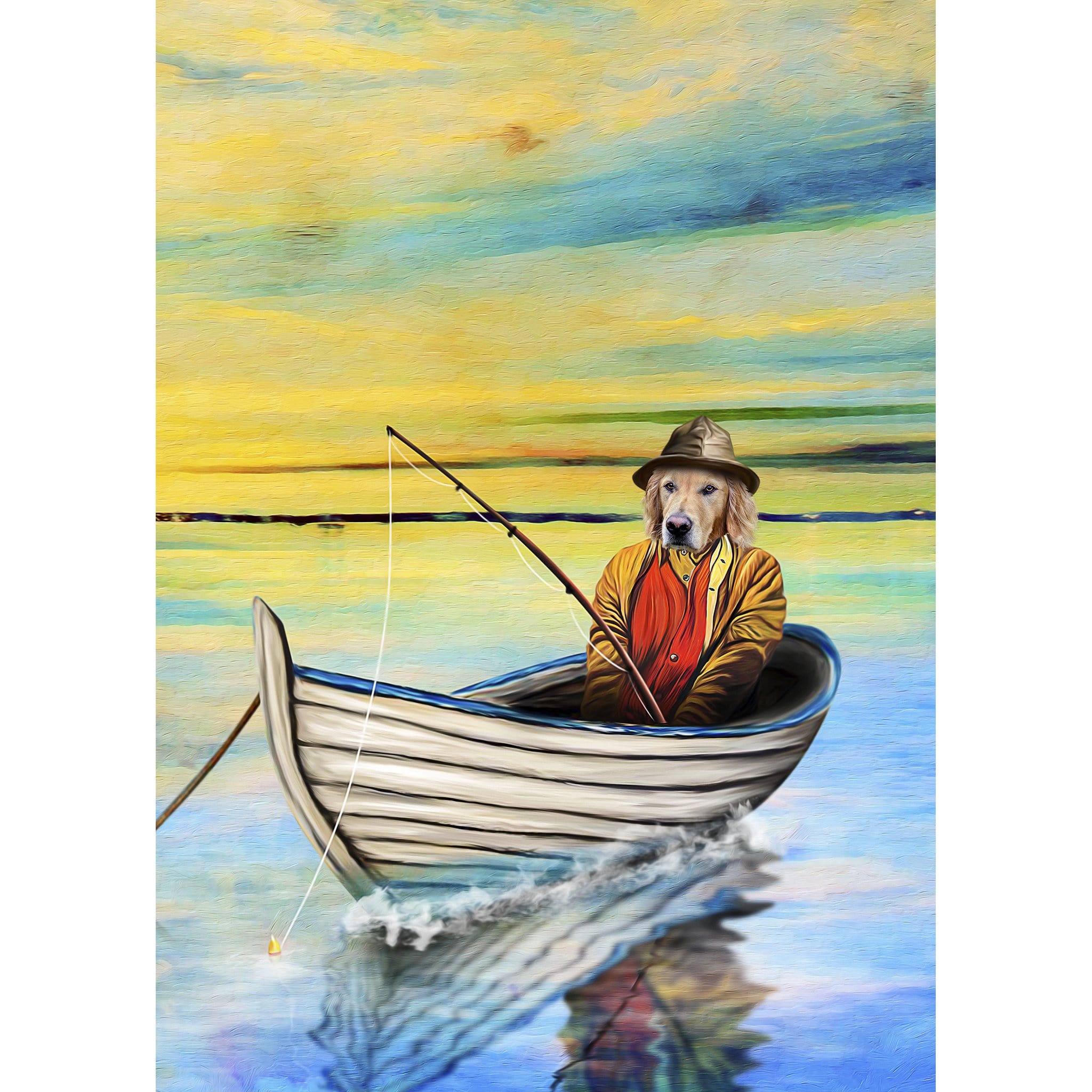 Custom digital portrait of a dog dressed as a fisherman in a boat, oil painting style.