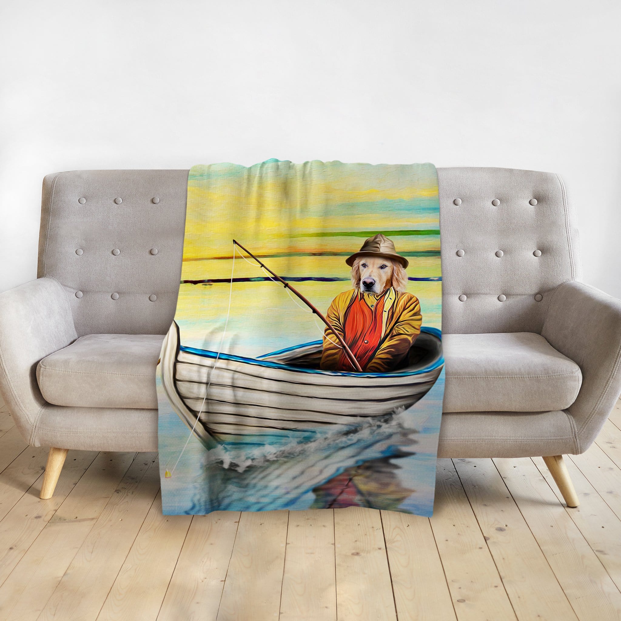 Personalized pet blanket with a golden retriever dog portrait in a boat, fishing, in a renaissance style.