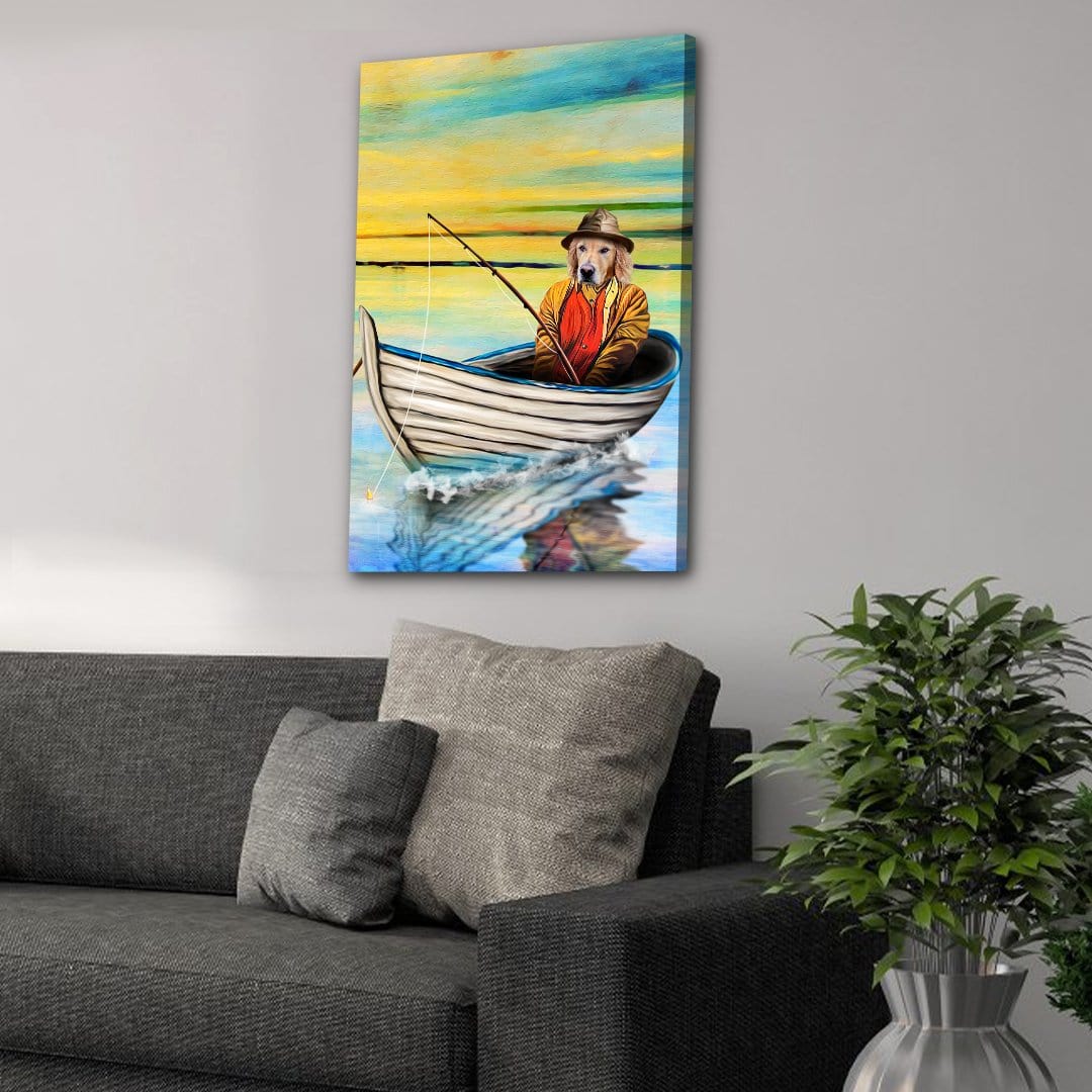 Personalized pet canvas featuring a golden retriever in a boat, fishing under a vibrant yellow and blue sky.