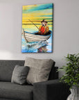 Personalized pet canvas featuring a golden retriever in a boat, fishing under a vibrant yellow and blue sky.