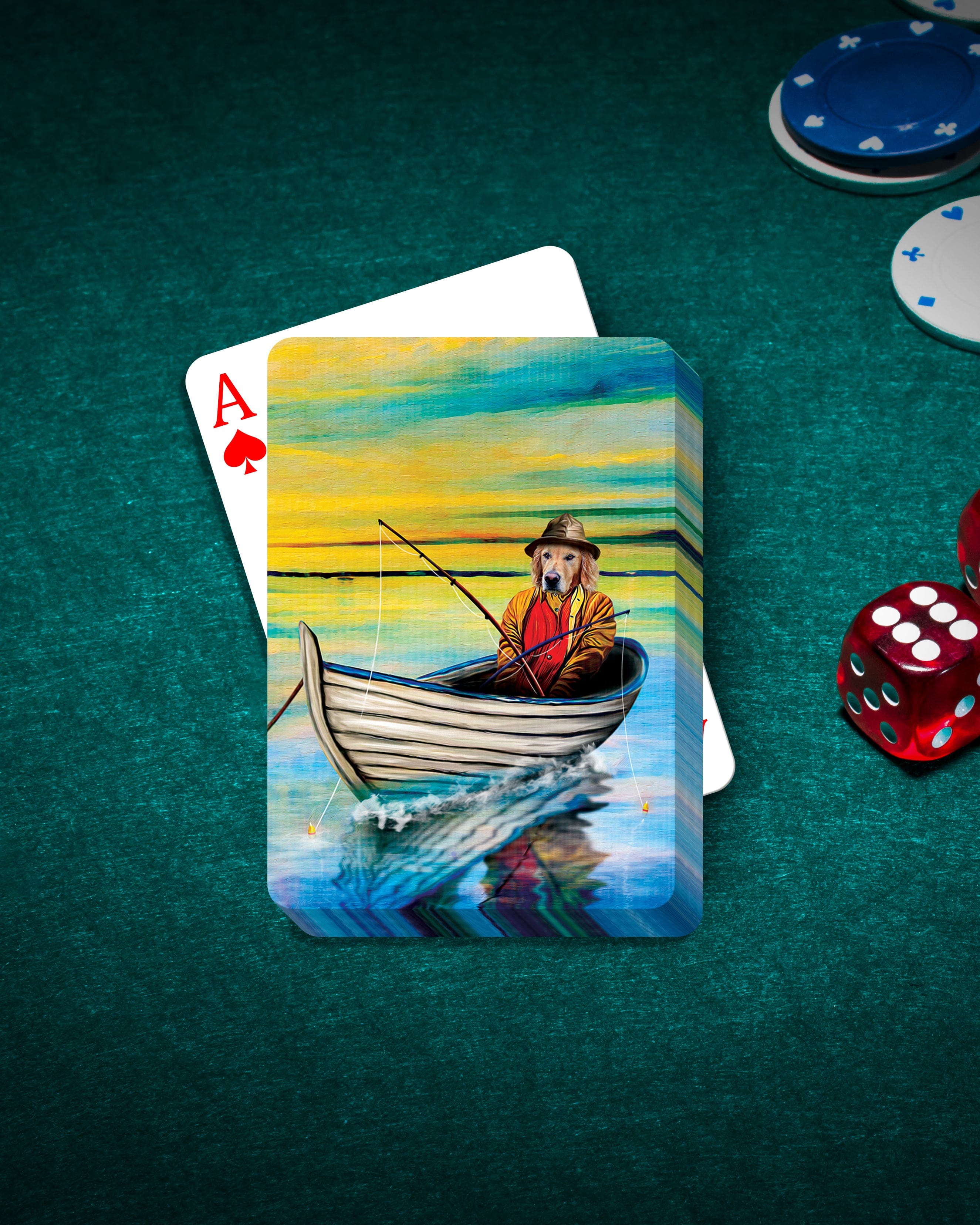 Personalized pet playing cards featuring a dog in a boat, fishing, with colorful sky art.