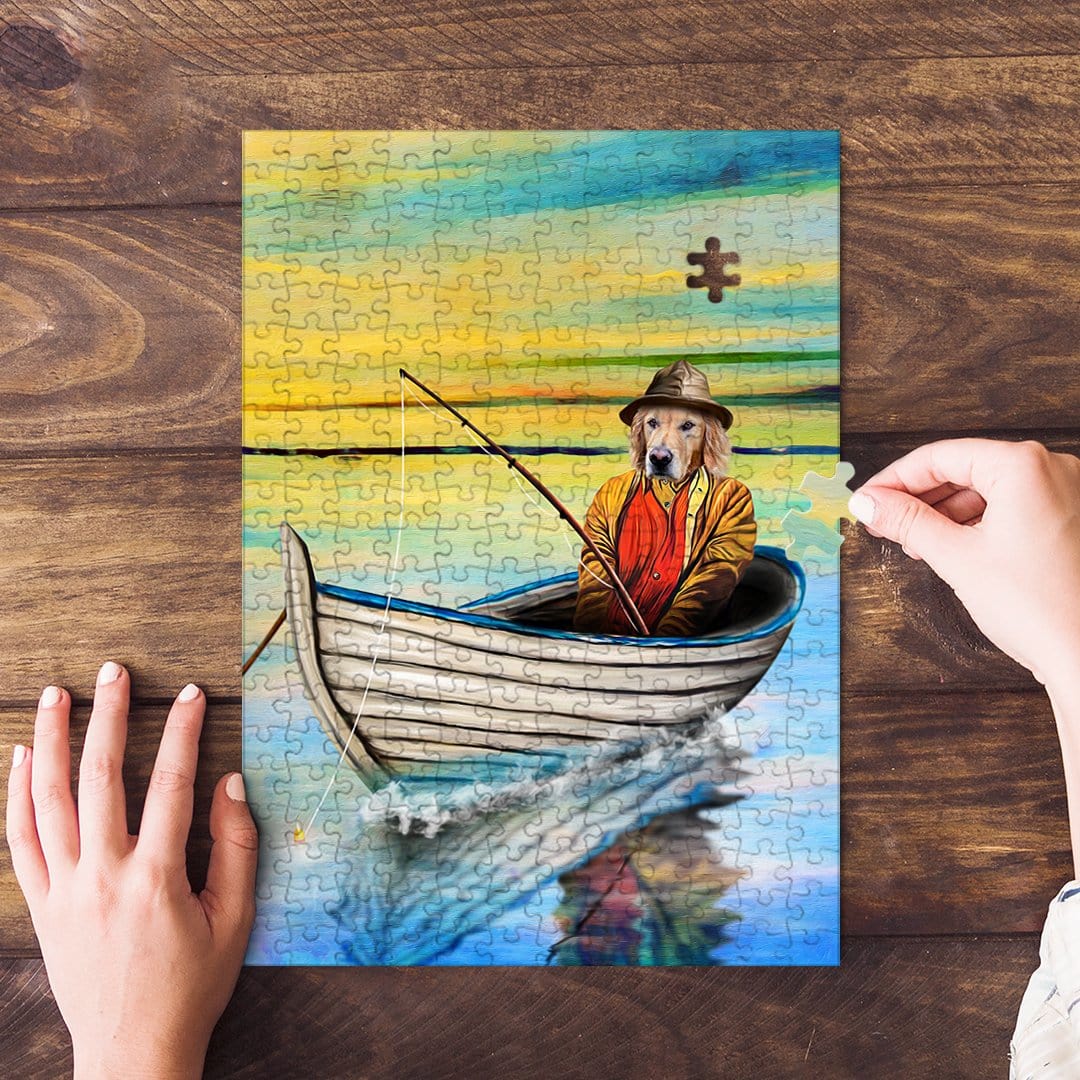 Personalized pet puzzle featuring a golden retriever dog dressed as a fisherman in a boat.