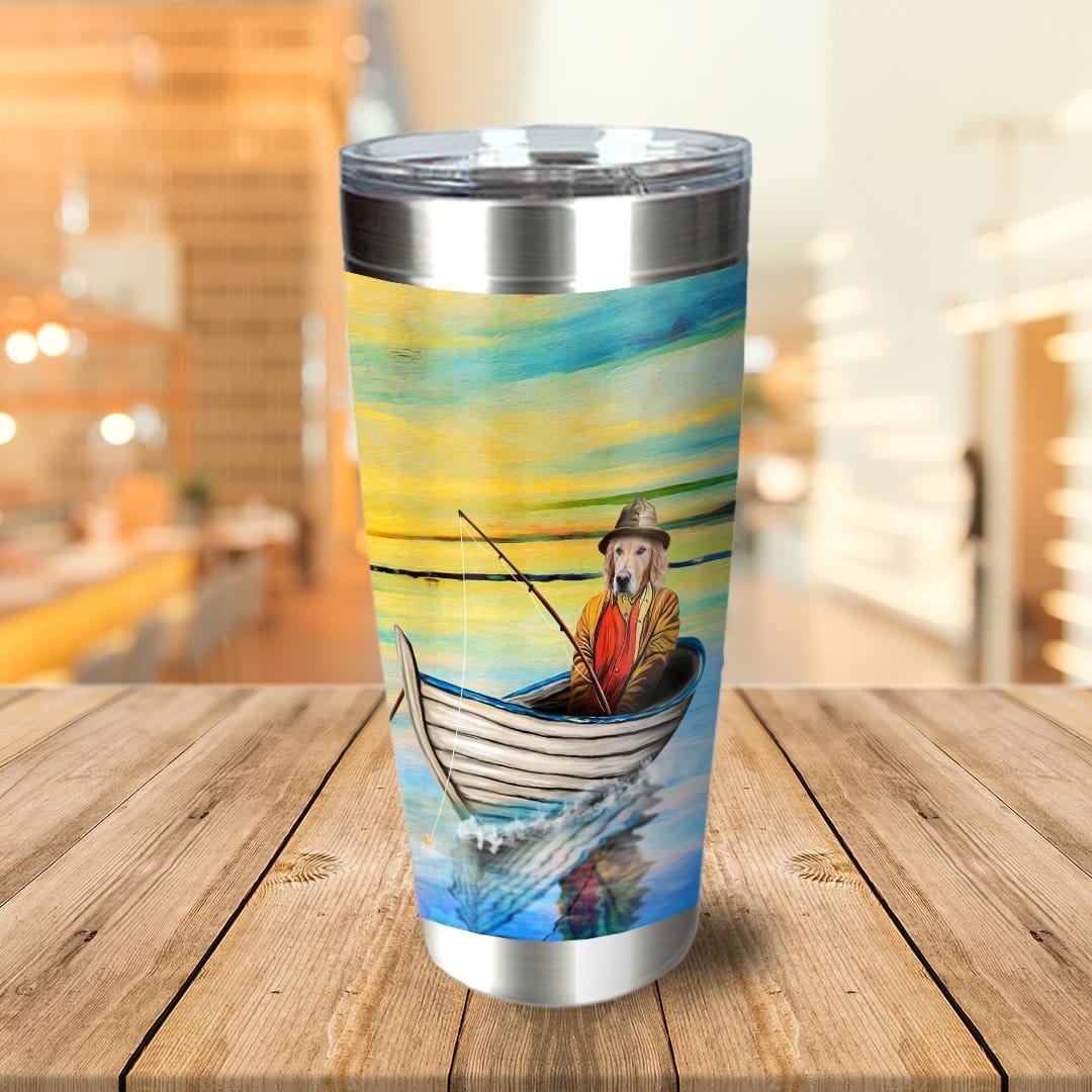 Personalized 7" stainless steel tumbler with a custom watercolor portrait of a golden retriever dog fishing in a boat.