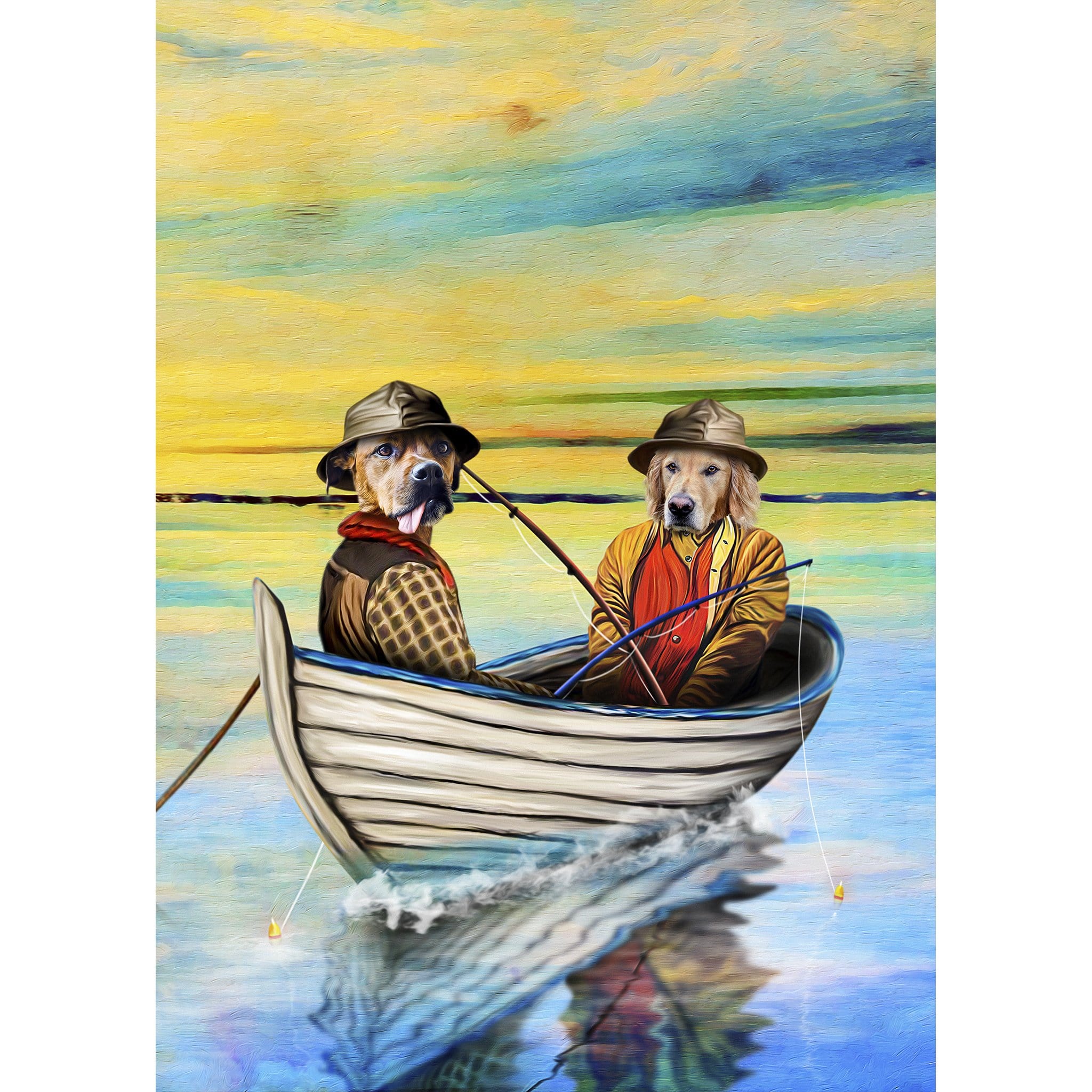 Custom digital portrait of two dogs dressed as fishermen in a boat, oil painting style.