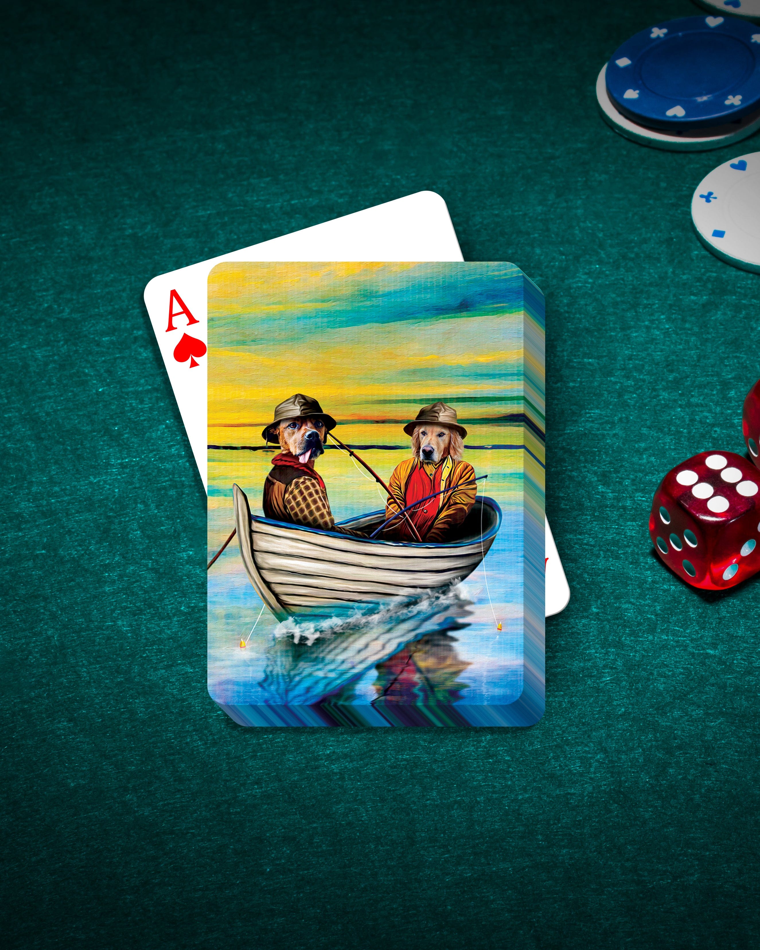 Personalized playing cards featuring two dogs in a boat, with an ace of hearts, dice, and poker chips on a green table.