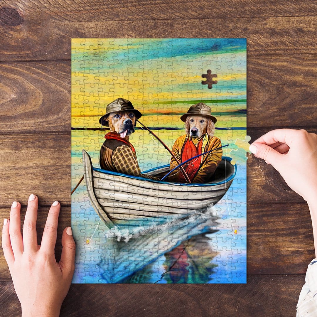 Personalized 2-pet puzzle featuring dogs in a boat fishing, with a watercolor style.